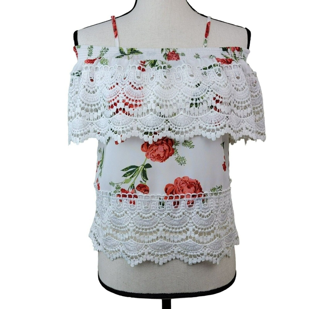No Boundaries Floral Peasant Top Juniors XS White‎ Red Lace Off Shoulder Boho